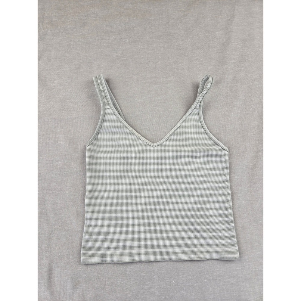Bella Seamless Striped Ribbed Camisole‎ V-Neck Tank Top Sage Green White SM/MED